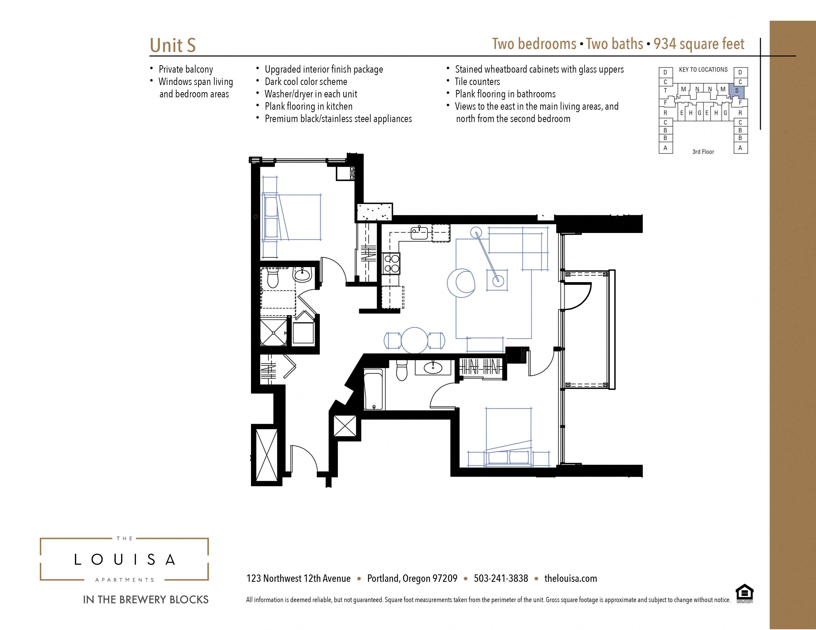 2 Bed 2 Bath (S) Floor Plan 2 Bed 2 Bath (S) Floor Plan at The Louisa Apartments in Portland, Oregon
